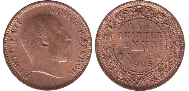 Edward VII, Copper, ¼ Anna, 1905.UNC, Scarce