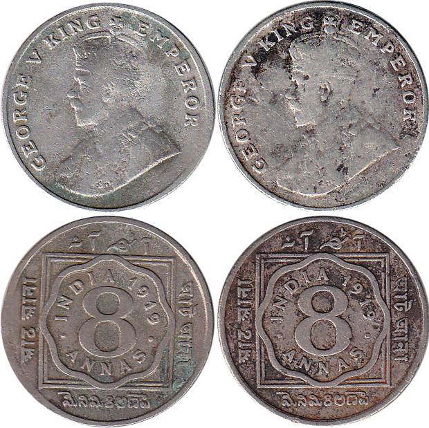 George V, Nickel (2), 8 Annas, 1919.About Very Fine, Scarce. 2 coins