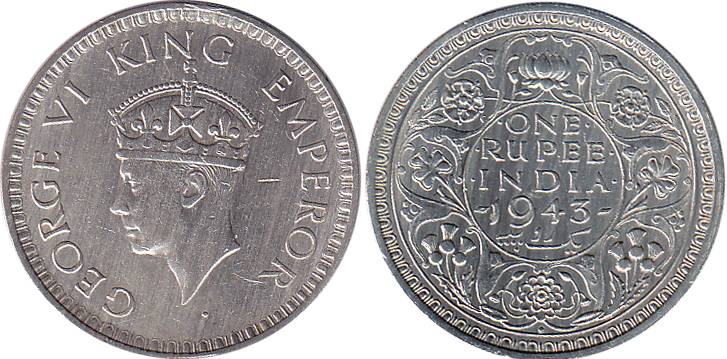 George VI, Silver, Rupee, 1943, Bombay Mint, Large Head type.About Extremely Fine, Scarce