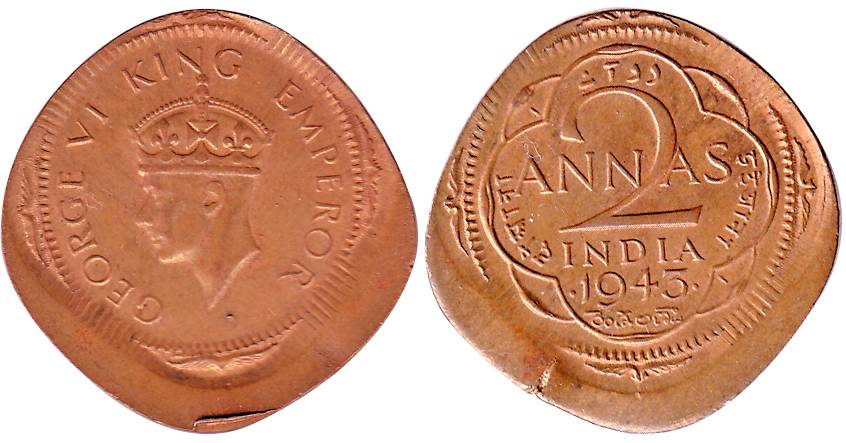 George VI, Brass, 2 Anna, 1943, error with die-shifting on both the sides. About UNC, Scar