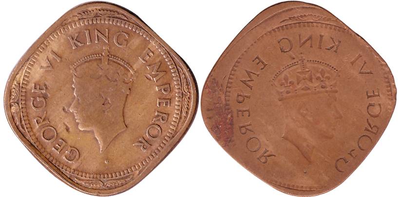 George VI, Brass, 2 Anna, Lakhi, error with Lakhi (brockage) impression of obv on the rev.