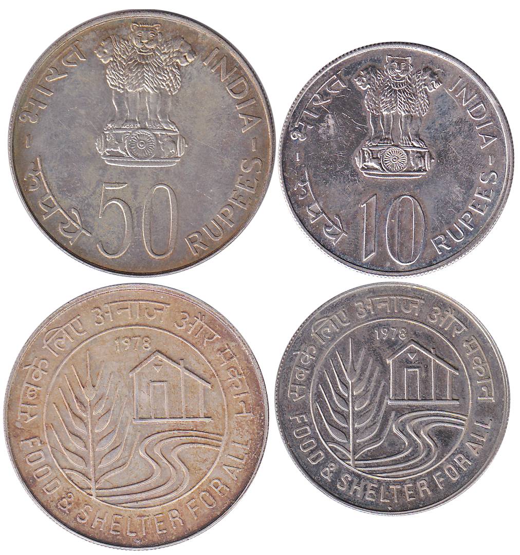 UNC coins, Rs. 50 & 10, 1978, Food and Shelter for All, Bombay Mint.UNC, Scarce. 2 coins