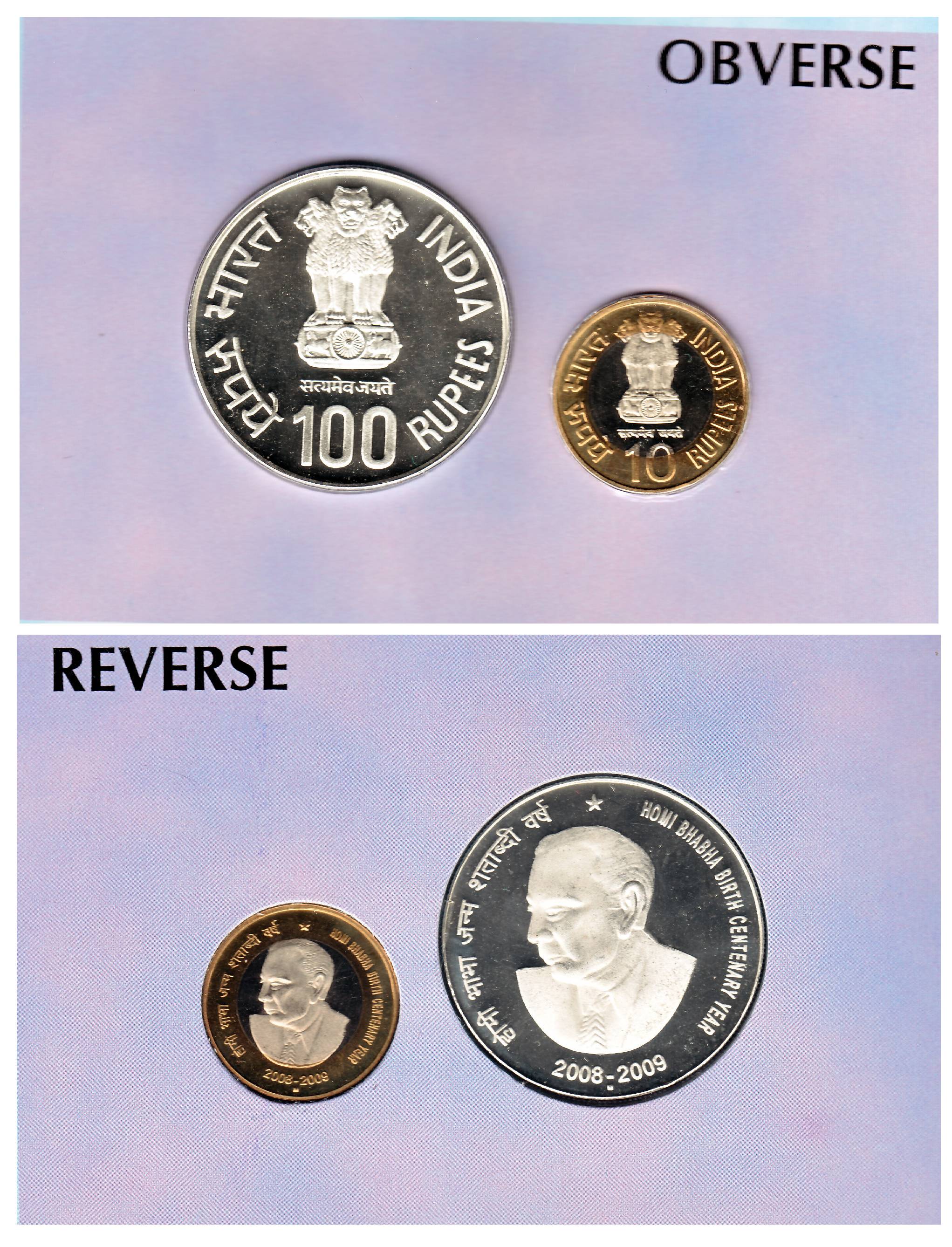 Proof Coin Set of 2009, HomiBhabha Birth Centenary Year, Rs. 100 &10, Mumbai Mint (RB# 355