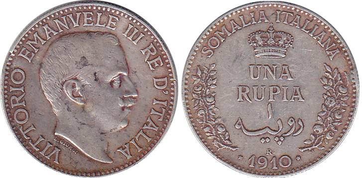 Somalia Italia, Silver, Rupee, 1910 R.About Very Fine, Rare