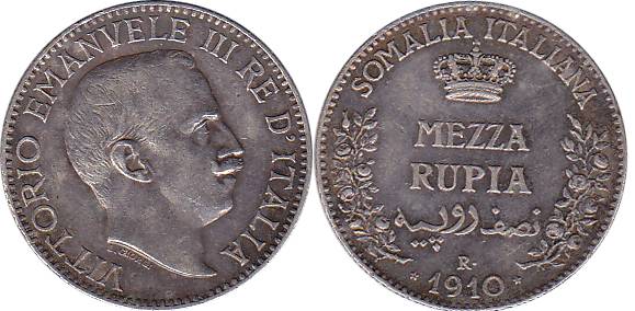 Somalia Italia, Silver, ½ Rupee, 1910 R. About Extremely Fine, Very Rare