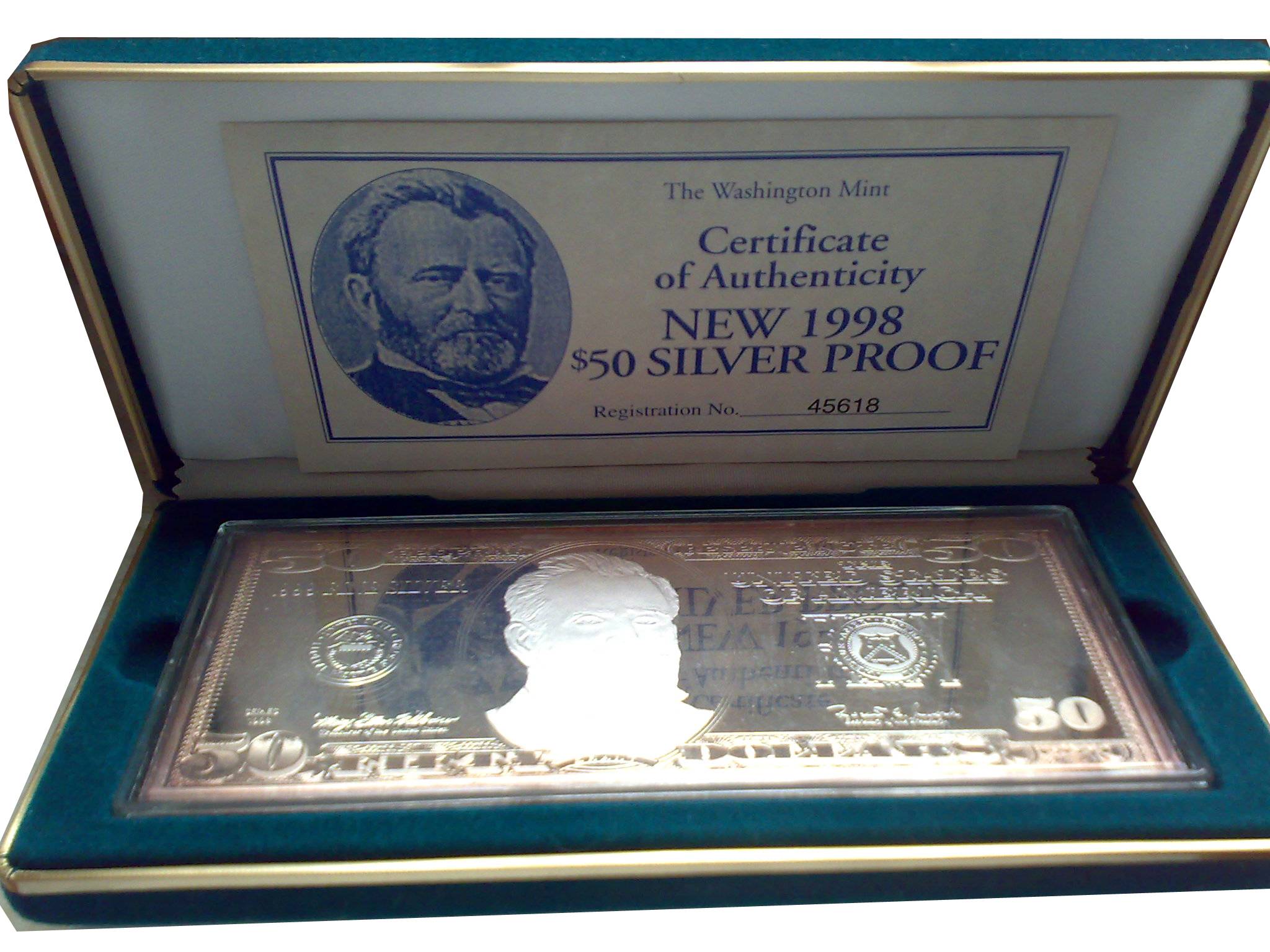 USA, Silver, $Silver 100 Bar Proof of Washington Mint, .999 Purity of silver, 1998, Frankl