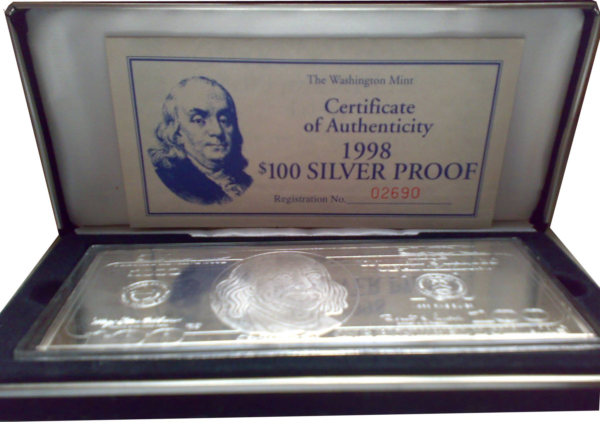 USA, Silver, $ 50 Silver Bar Proof of Washington Mint, .999 Purity of silver, 113.38 g, 19