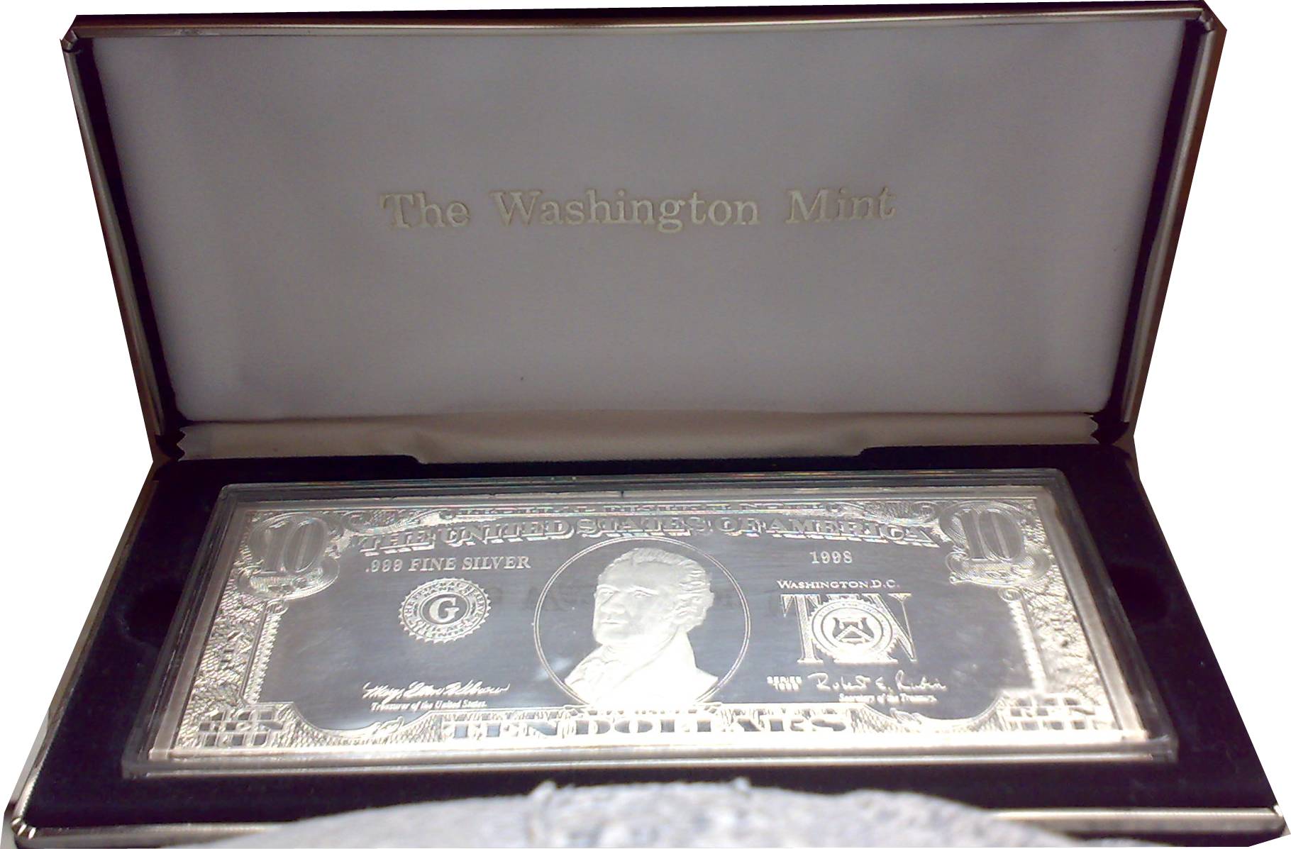 USA, Silver, $ 10 Silver Bar Proof of Washington Mint, .999 Purity of silver. In original 