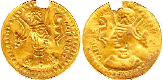 Gold Pendent, 2.34 g, Indo-Sassanian style bust to right on obv, a small dwarf-like figure