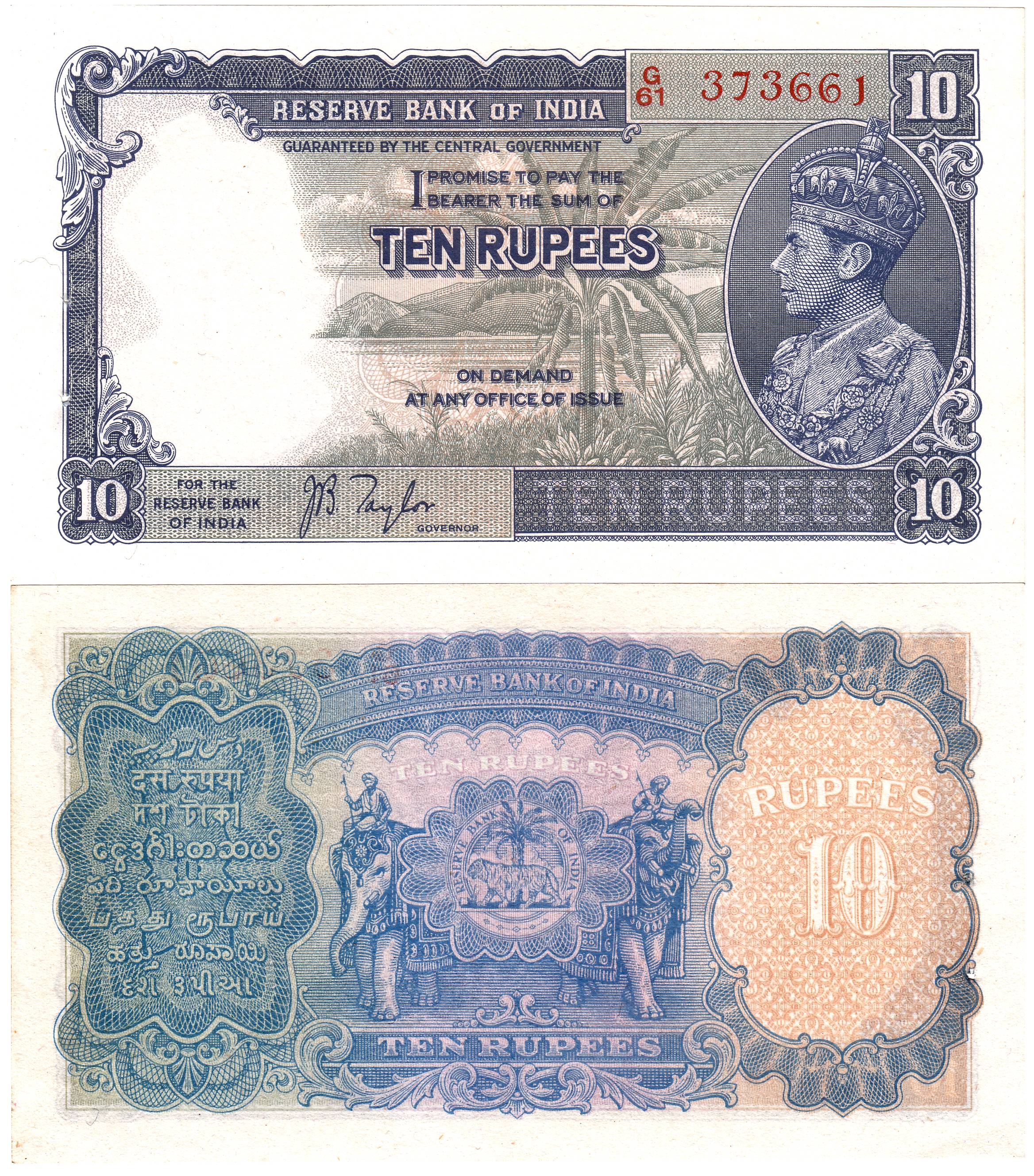 British India, George VI, Rs. 10, profile head, sign J B Taylor, Prefix G61. UNC, Rare.