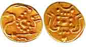 Chaluyas, Gold, 0.38 g, Fanam, stylized lion standing to right on obv, trident type on rev