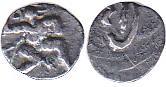 Hoysalas, Silver, 0.17 g, ½ Fanam, a Garuda is running to right on obv, initials on rev. V
