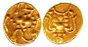 Chaluyas, Gold, 0.38 g, Fanam, stylized lion standing to right on obv, trident type on rev