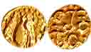 Cholas, Gold, 0.10 g, ¼ Fanam, a lion seated to right on obv, legend on rev. About UNC, Ex