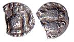 Cholas, RajendraChola, Silver, 0.07 g (a corner is broken), ¼ Fanam, a lion seated to righ