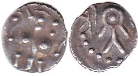 Parmaras of Vidarbha, Silver, 0.61 g, stylized lion to left on obv, symbol on rev. Very Fi