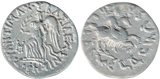 Indo-Greeks, Antimachus, Silver, Drachm, Goddess and Greek legend on obv, Horseman to righ
