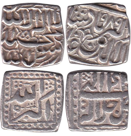Akbar, Silver (2), ½ Rupee, Kalima type, mint off flan;Allahu Akbar type, mintless. Fine+ 