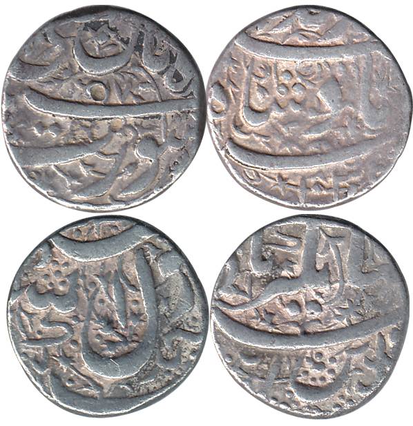 Jahangir, Silver (2), Rupee, Ahmadnagar and Surat Mints, Kalima and nurud din types.Very F