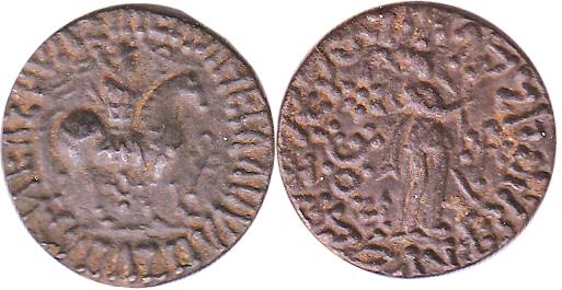 Indo-Scythians, Billon, Tetradrachm, Horseman with Greek legend around on obv, Goddess sta