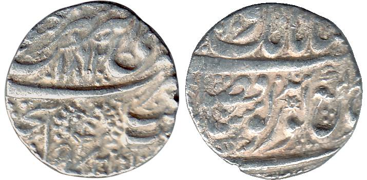 Amritsar Mint, Silver, Rupee, Mora (sprig with two leaves) type on obv, VS 1862 (KM 20.5).