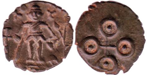 Ujjyini, Copper, 1.82 g, Mahakaal type with the deity standing, front, holding a Kamandalu