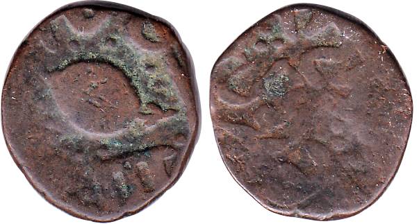 Devki Paisa, Copper, Gurumukhi legend with the Persian word Devaki on rev, leaf as mint ma