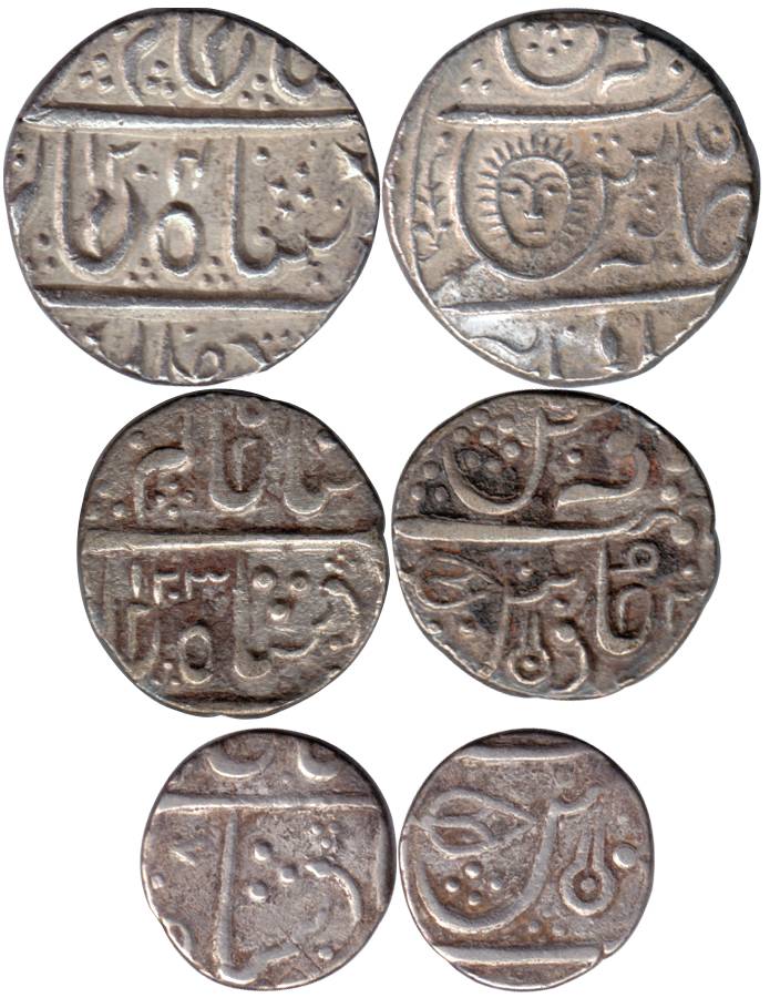 Silver (3), Set of 3: Rupee, ½ & ¼ Rupee, Malharnagar mint, Sun face on rev. Very Fine to 