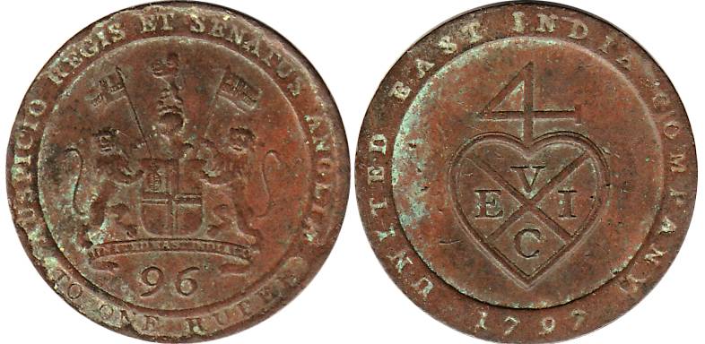 1/96 Rupee (1/2 Dub), Copper, 1797, inscribed edge (KM 397). Very Fine, Scarce.