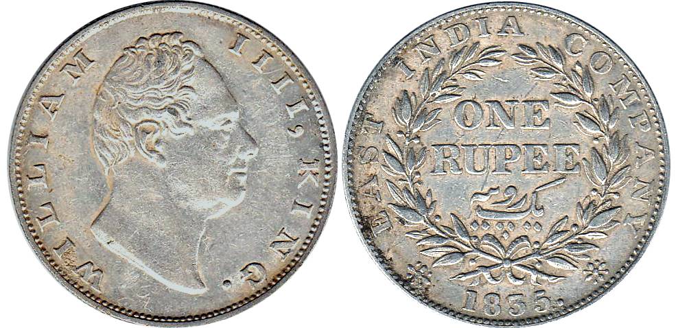 William IV, Silver, Rupee, Calcutta Mint, 1835, Obv A, Rev II, F incused, Dot after F, 19 