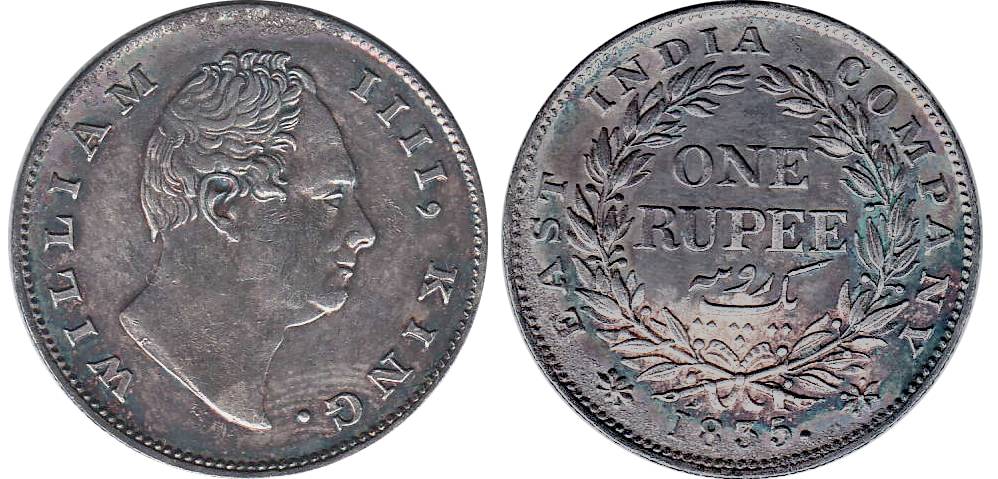 William IV, Silver, Rupee, Calcutta Mint, 1835, Obv A, Rev I, F incused, 19 Berries. Extre