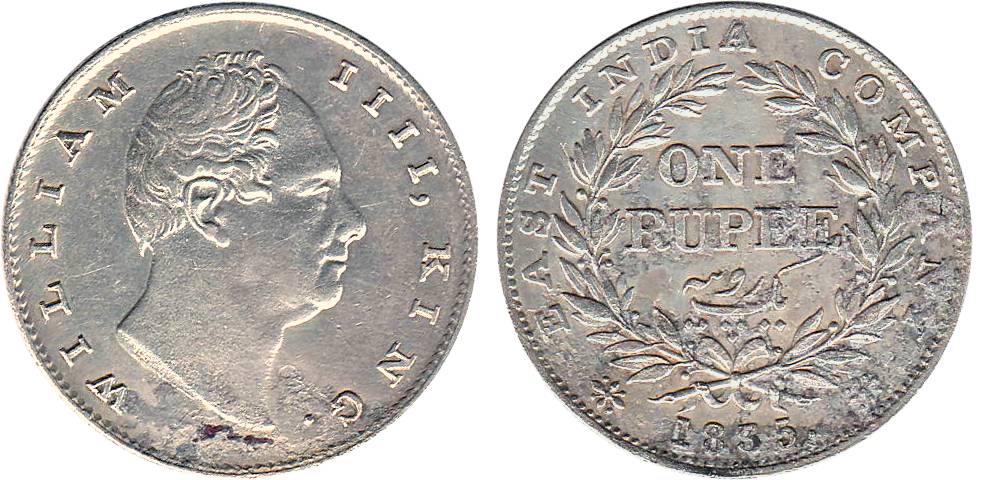 William IV, Silver, Rupee, Calcutta Mint, 1835, Obv B, Rev II, R.S. incused, 20 Berries. V