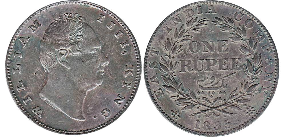 William IV, Silver, Rupee, Calcutta Mint, 1835, Obv B, Rev II, R.S. incused. Very Fine, Sc