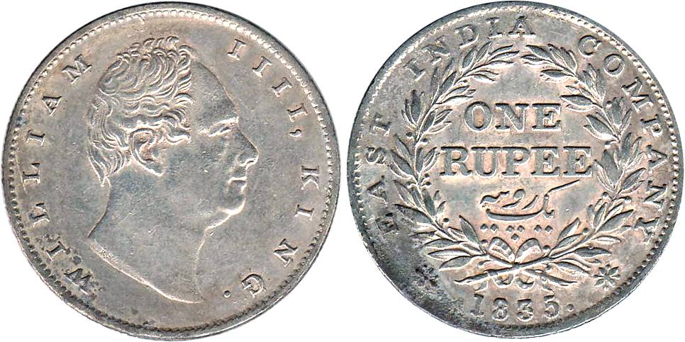 William IV, Silver, Rupee, Calcutta Mint, 1835, Obv C, Rev II, R.S. incused, 20 Berries. V