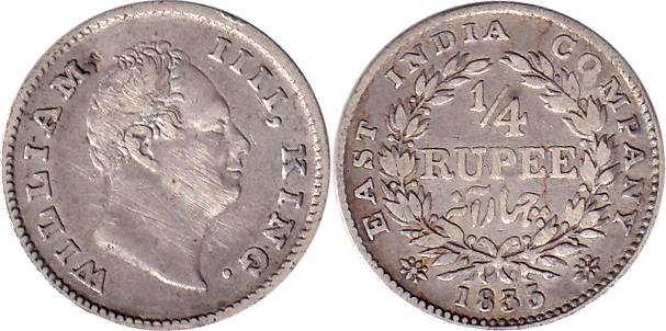 William IV, Silver, ¼ Rupee, 1835, F incused type. Very Fine, Rare.