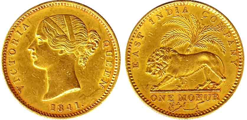 Victoria Queen, Gold, 11.72 g, Mohur, 1841, Divided Legend type, WW incused on truncation.