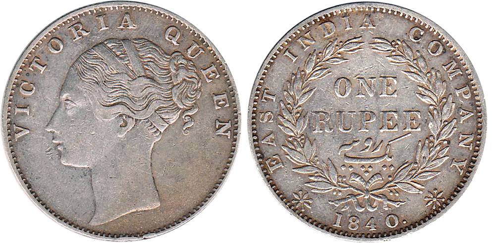 Victoria Queen, Continuous Legend, Silver, Rupee, Calcutta Mint, 1840, Indian Head type, 3
