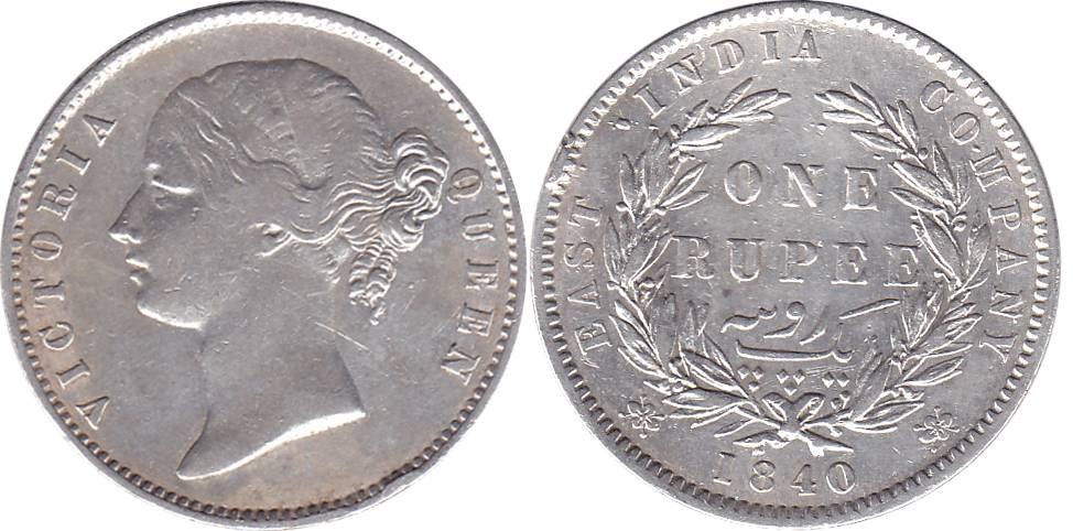Victoria Queen, Divided Legend, Silver, Rupee, Calcutta Mint, 1840, W.W. Raised type, 25 B