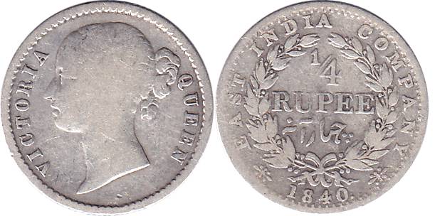 Victoria Queen, Divided Legend, Silver, ¼ Rupee, Calcutta Mint, W.W. raised on obv, 34 ber