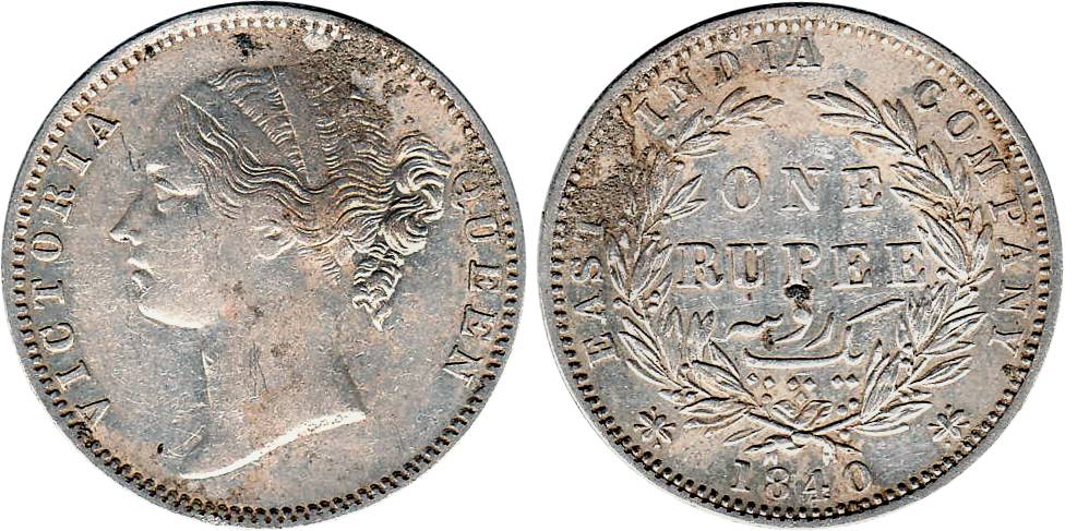 Victoria Queen, Divided Legend, Silver, Rupee, Madras Mint, 1840, W.W. Raised and Dot afte