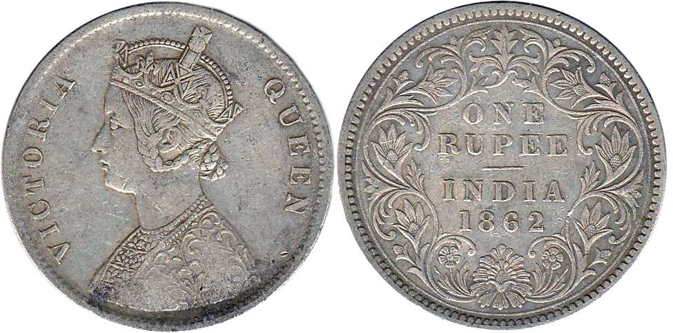 Victoria Queen, Silver, Rupee, Calcutta Mint, 1862 Dot variety, Obv A, Rev III, 0 Dots Abo