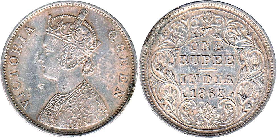 Victoria Queen, Silver, Rupee, Bombay Mint, 1862 Dot variety, Obv B, Rev II, 0 Dots Above 