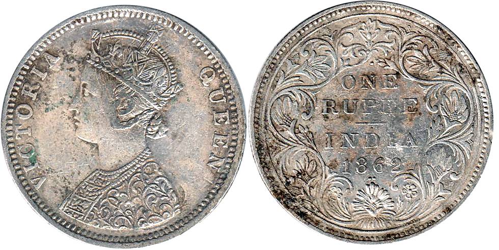 Victoria Queen, Silver, Rupee, Bombay Mint, 1862 Dot variety, Obv C, Rev II, 1 Dot Above a