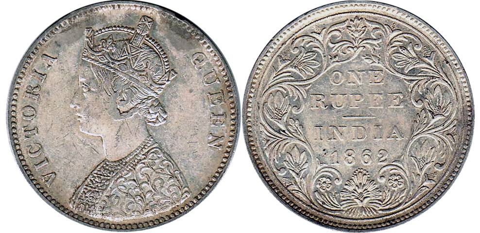 Victoria Queen, Silver, Rupee, Bombay Mint, 1862 Dot variety, Obv A, Rev II, 0 Dots Above 