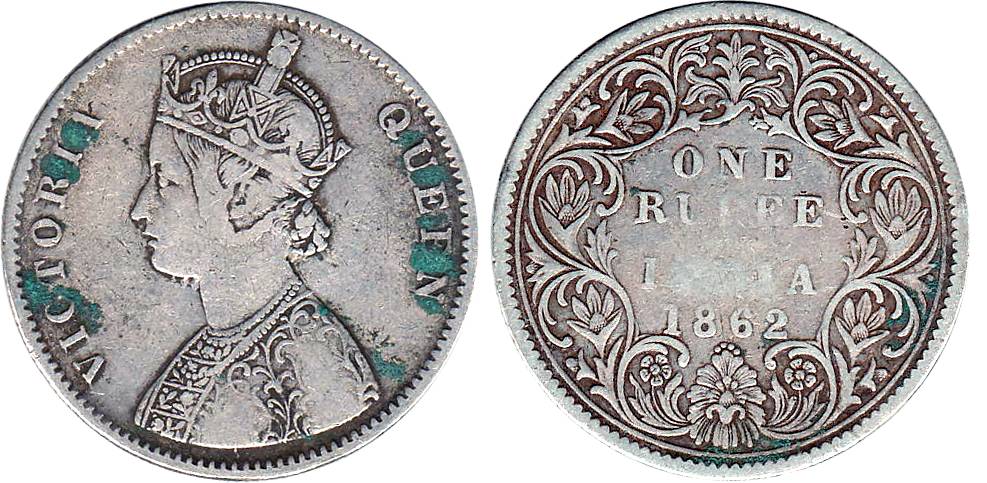 Victoria Queen, Silver, Rupee, Bombay Mint, 1862 Dot variety, Obv A, Rev I, 0 Dots Above a