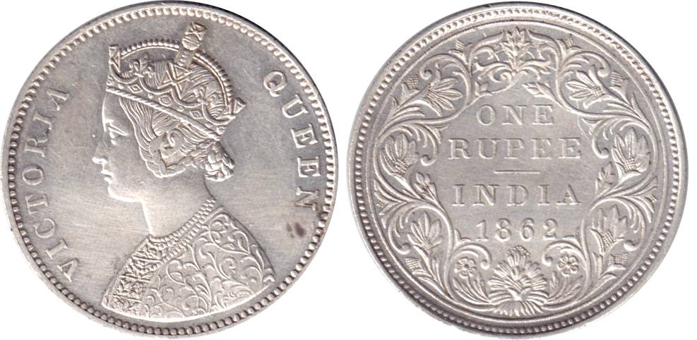 Victoria Queen, Silver, Rupee, Bombay Mint, 1862 Dot variety, Obv A, Rev II, 0 Dots Above 