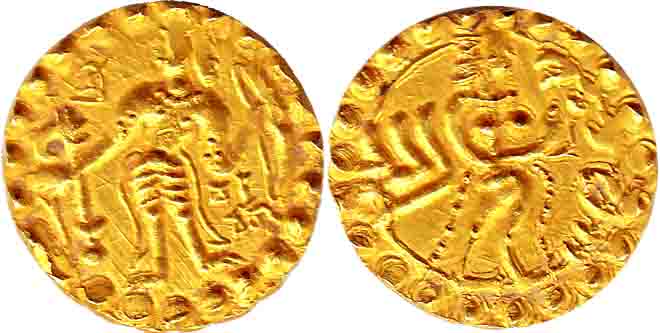 Mainamati, Virachandra, Gold, 5.87 g, Dinar, Archer type, a goddess standing to right on r