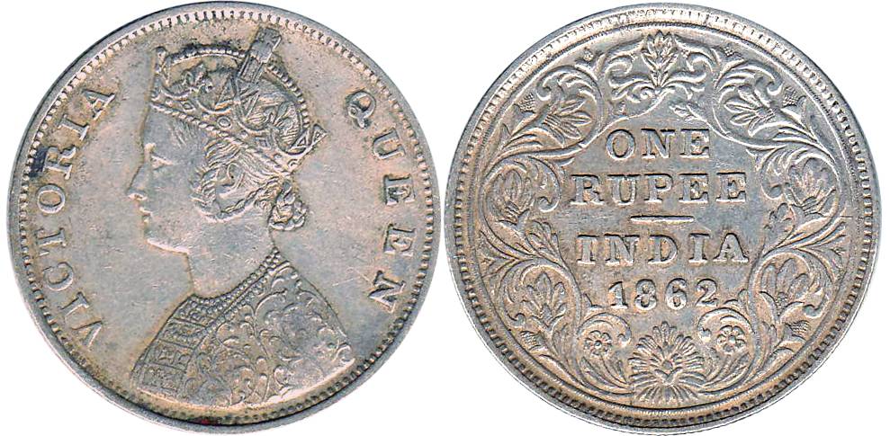 Victoria Queen, Silver, Rupee, Bombay Mint, 1862 Dot variety, Obv B, Rev II, 0 Dots Above 