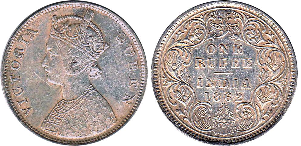 Victoria Queen, Silver, Rupee, Bombay Mint, 1862 Dot variety, Obv B, Rev I, 0 Dots Above a