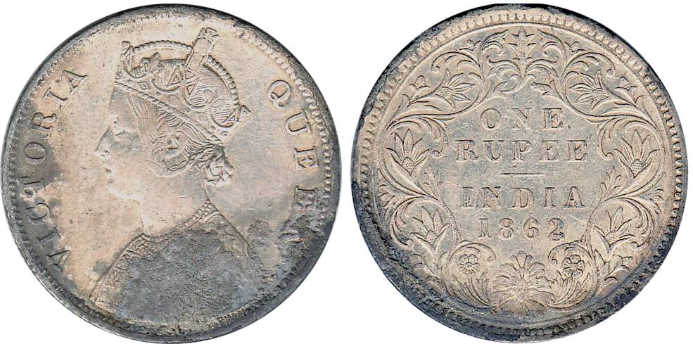 Victoria Queen, Silver, Rupee, Calcutta Mint, 1862 Dot variety, Obv B, Rev III, 0 Dots Abo